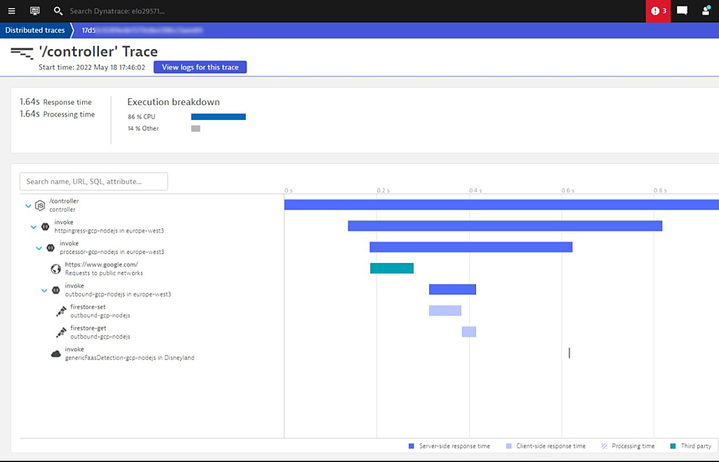 Google Cloud Functions distributed traces in Dynatrace screenshot