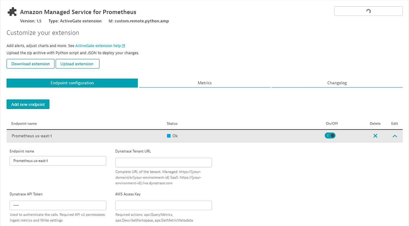Amazon Managed Service for Prometheus Active Gate extension in Dynatrace settings