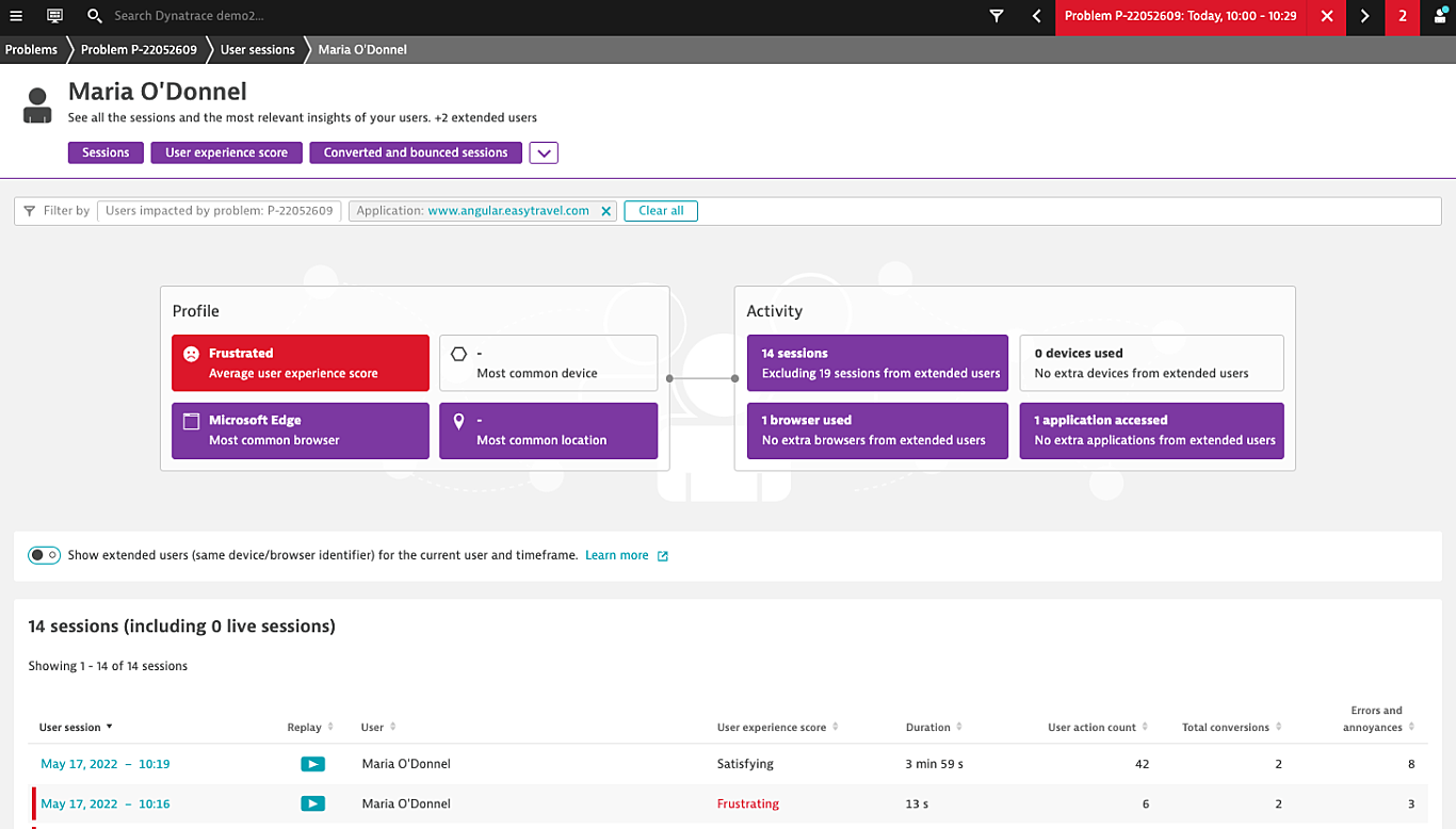 Troubleshooting with Session Replay in Dynatrace screenshot