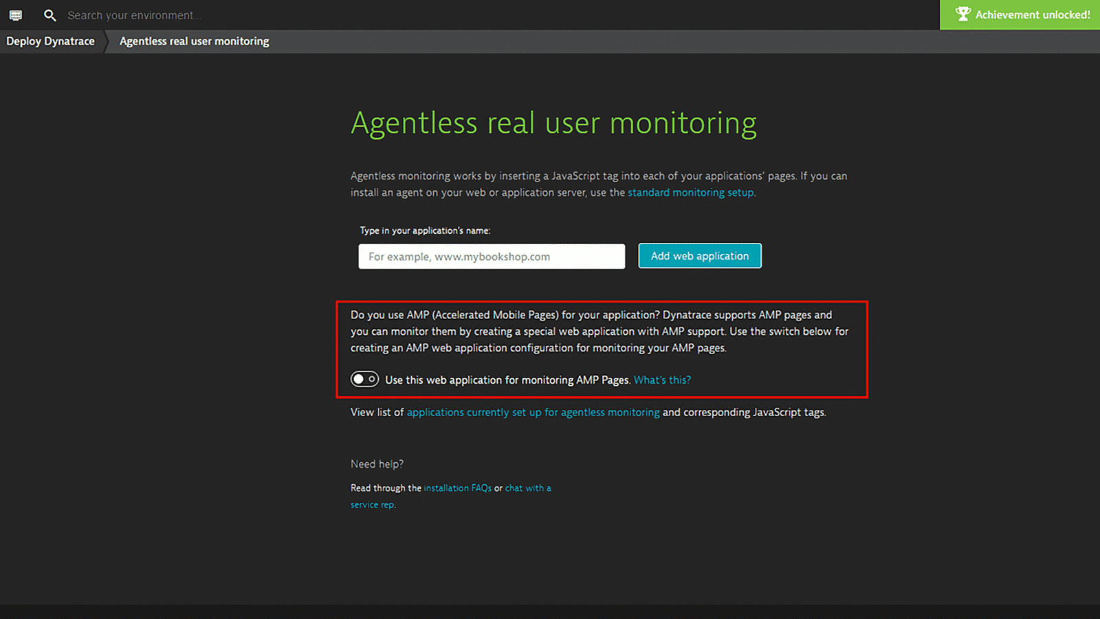 Agentless real user monitoring AMP Dynatrace screenshot
