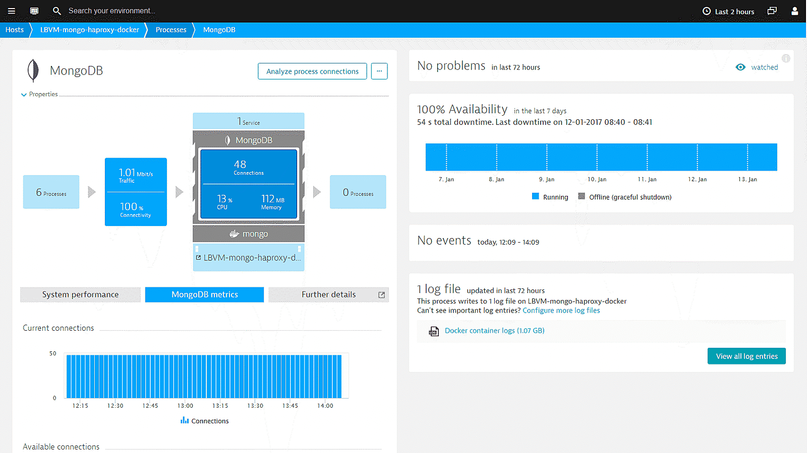 MongoDB process monitoring in Dynatrace screenshot