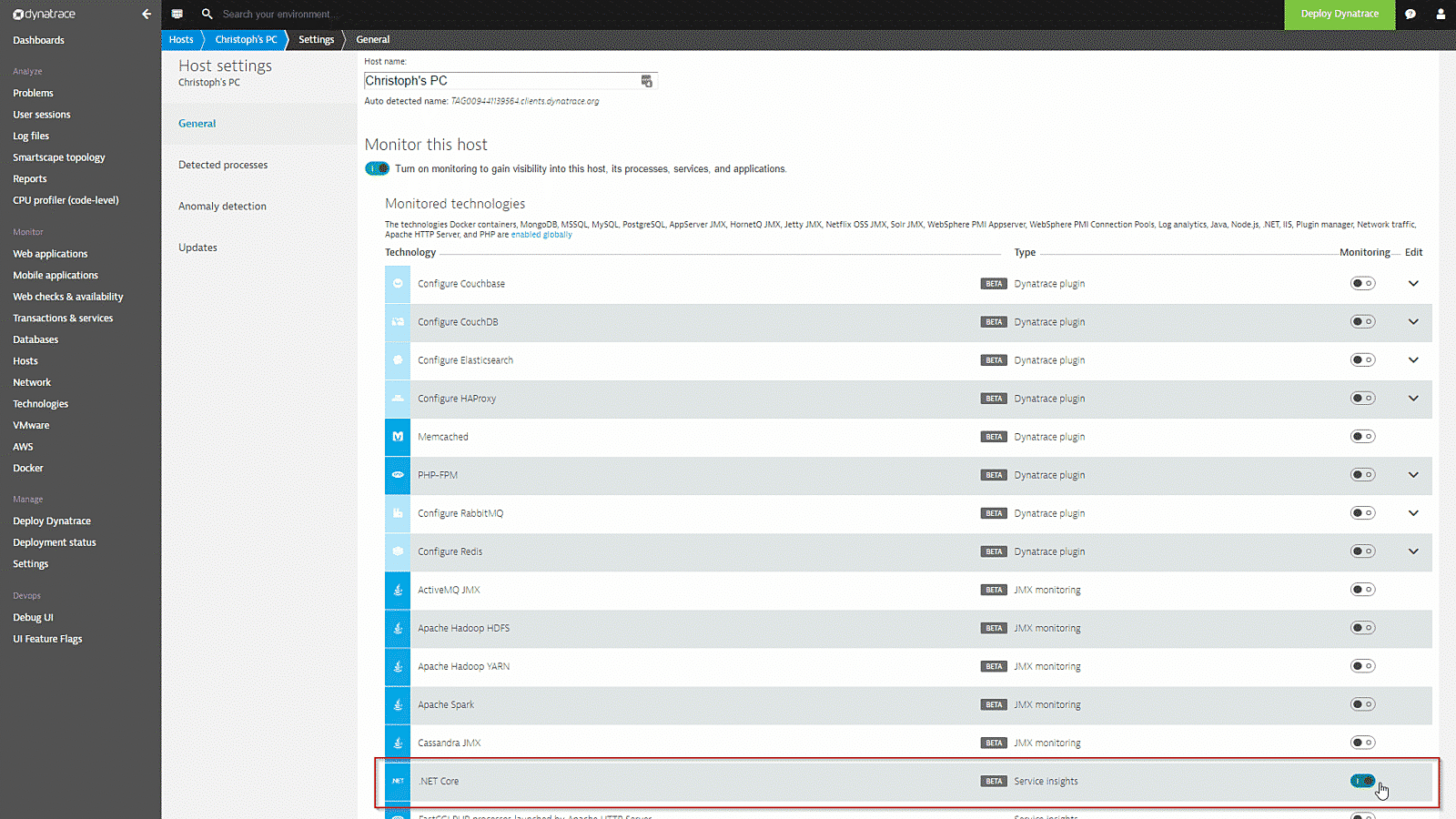 NET core settings in Dynatrace screenshot