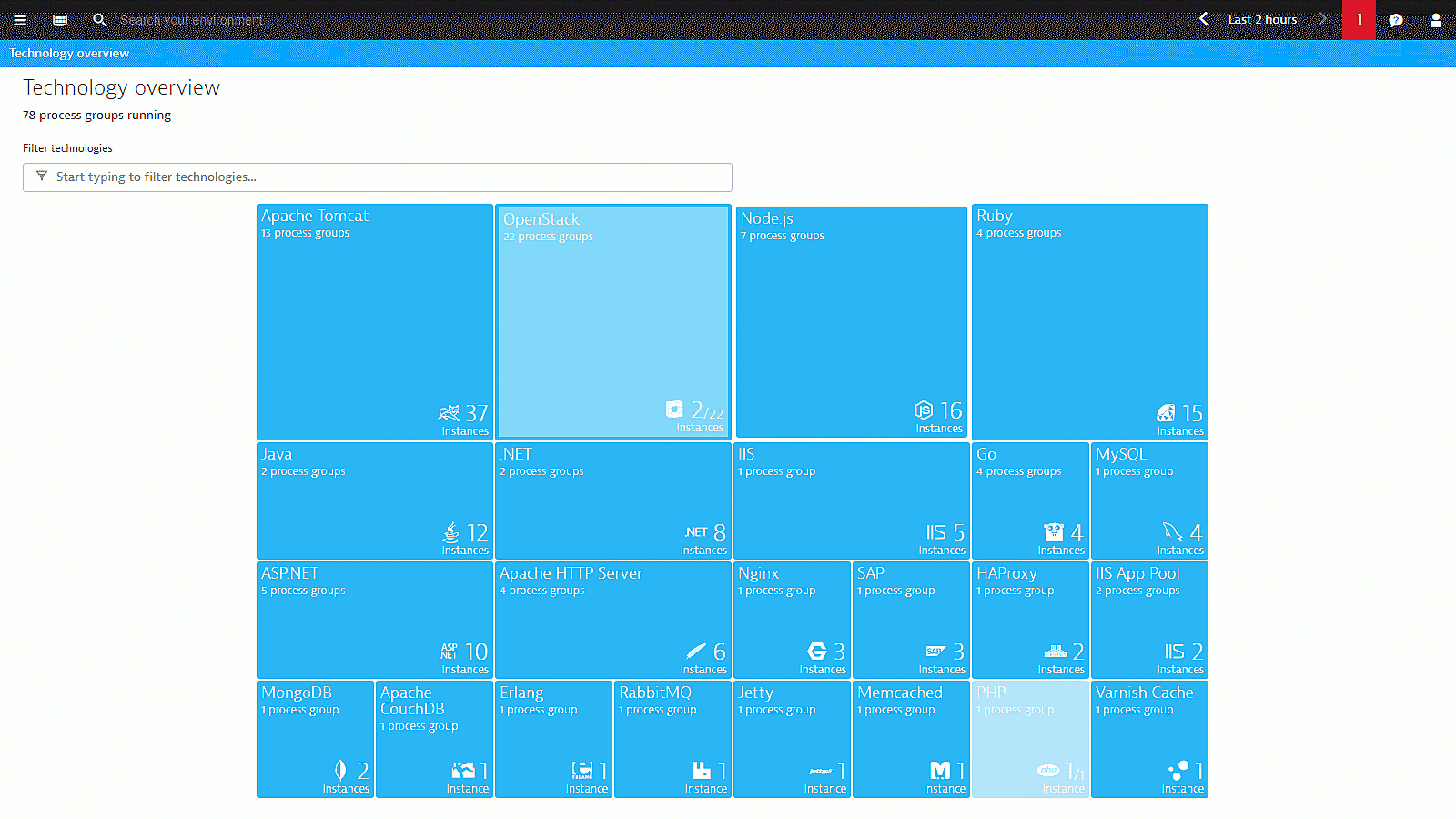 Technology overview in Dynatrace screenshot