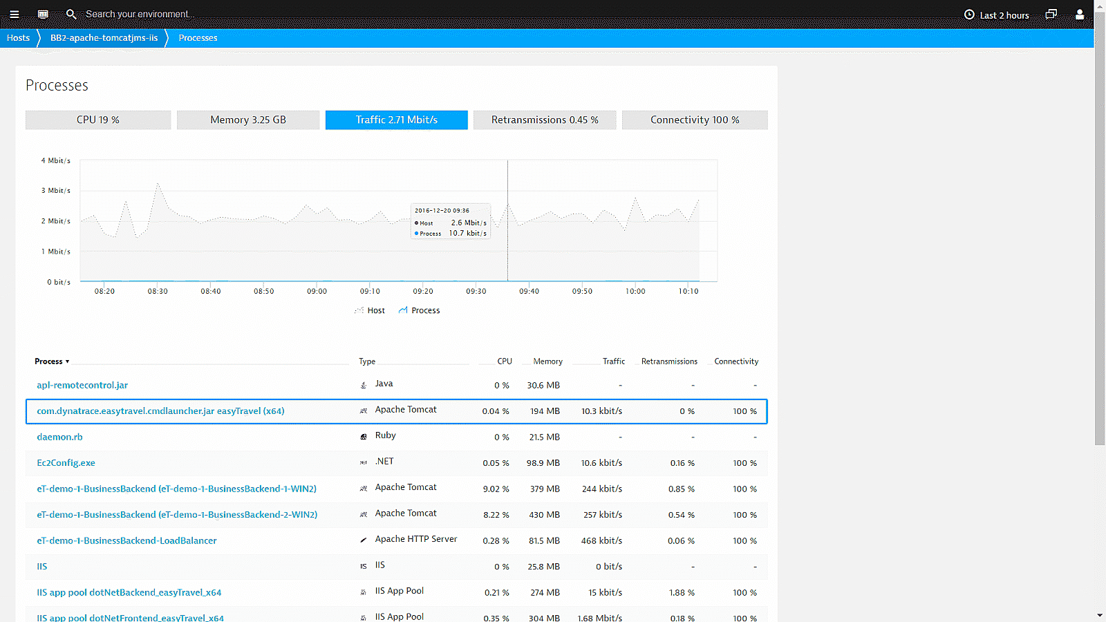 Tomcat process metrics in Dynatrace screenshot
