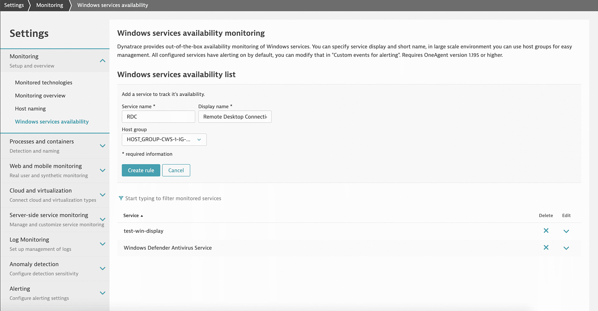 Windows services availability monitoring in Dynatrace screenshot