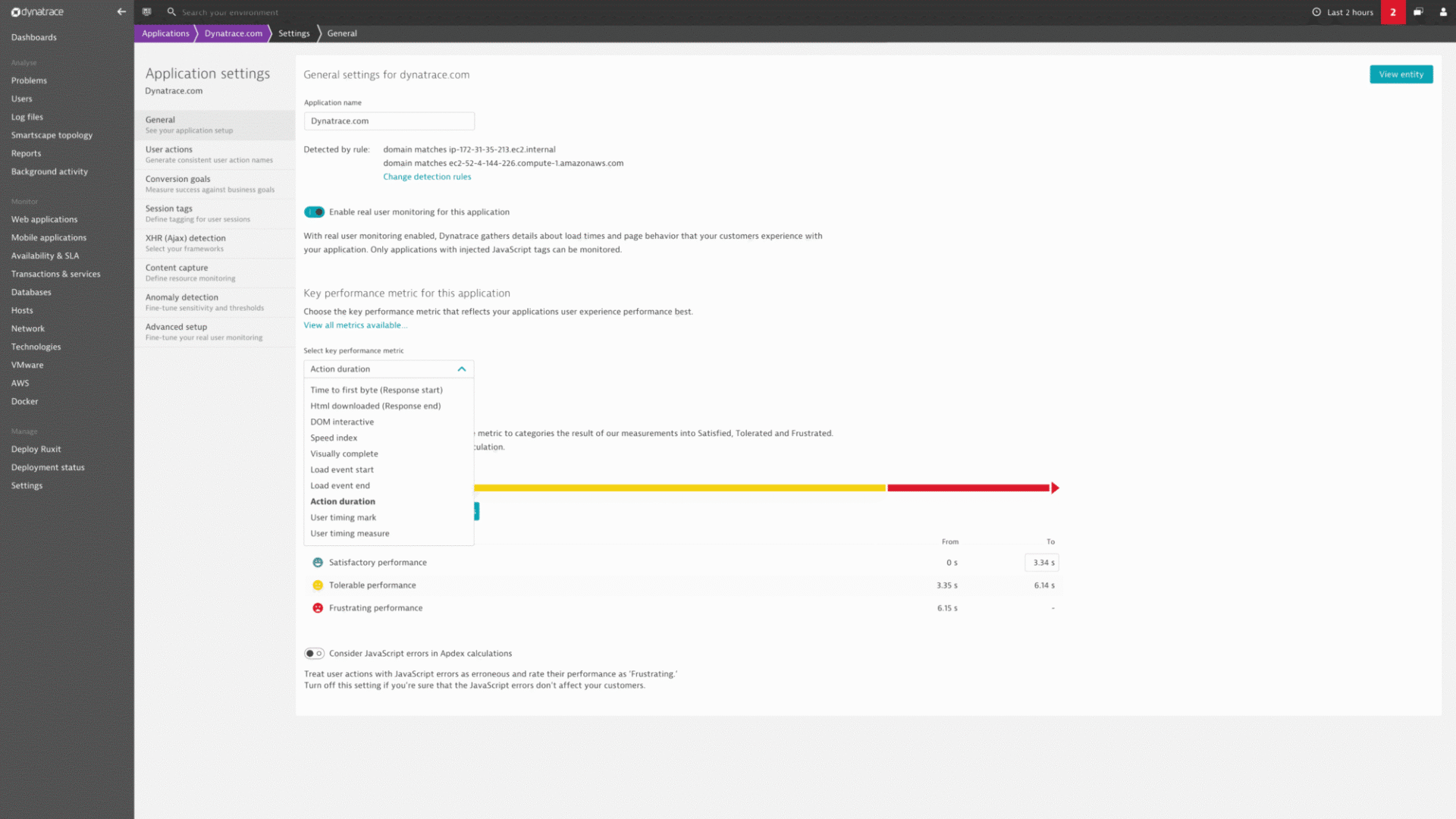 Application settings to select key performance metric in Dynatrace screenshot