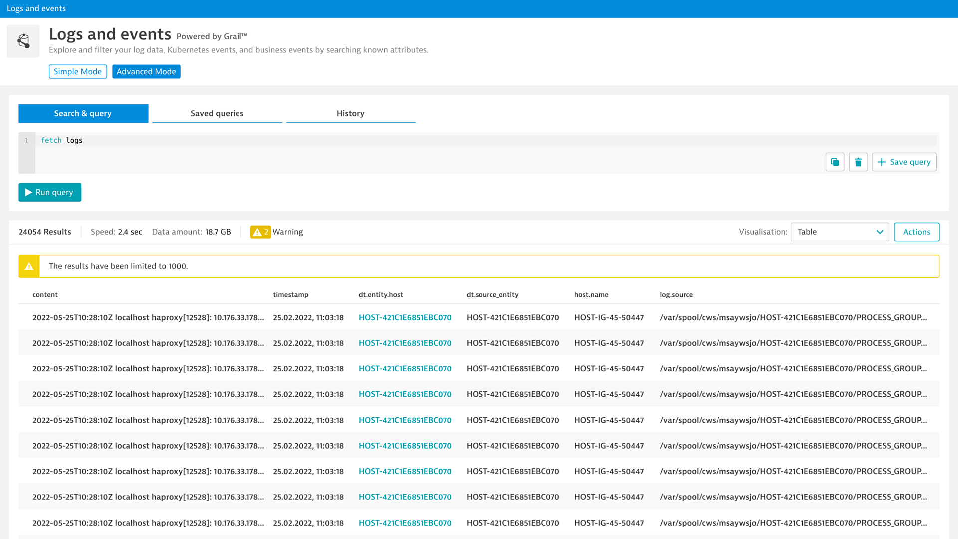 Log and events powered by Grail in Dynatrace screenshot