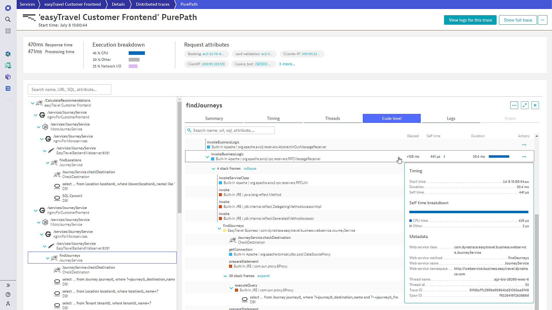 PurePath Code Level Database in Dynatrace screenshot