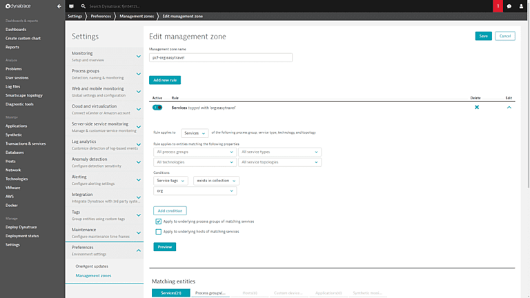 Dynamic management zone for Pivotal cloud foundry services.