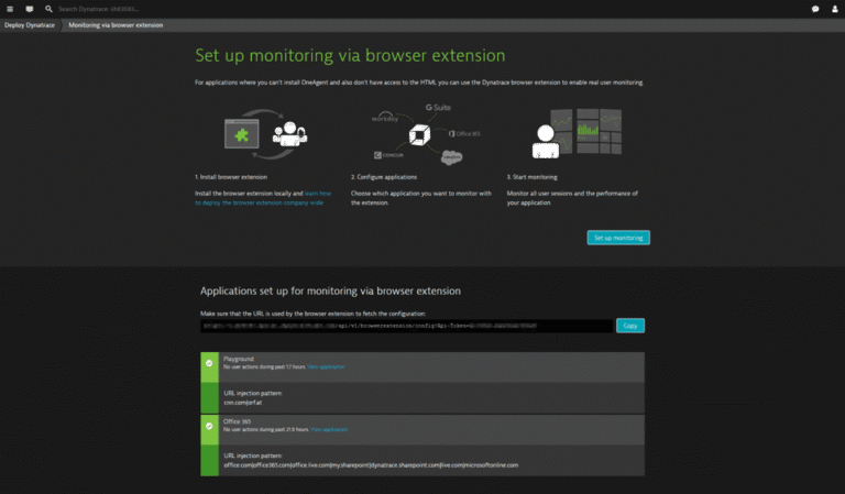 Set up monitoring via browser extension Dynatrace screenshot